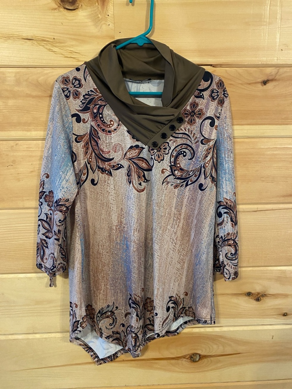 Women's Lily by Firmiana, Taupe Floral Print Cowl Neck Top. Size medium. $14